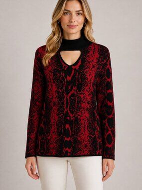 Inner Circle 2X Red Black Snakeskin Print Cutout Mock Neck Sweater